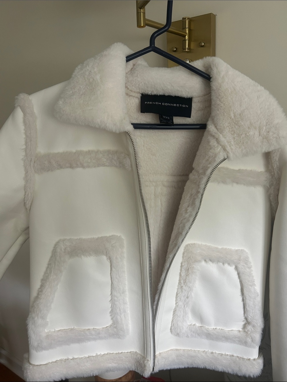 French Connection Cream-Trim White Faux-Shearling Zip Jacket